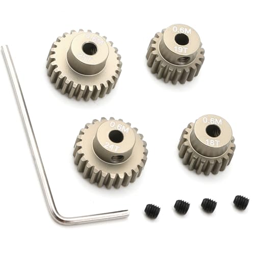 Precision 7075 Aluminum 0.6M Pinion Gear Set (18T/19T/24T/25T) for 1/10 RC Models - 0.6 Module Hardened Gears Compatible with 257mm/260mm Chassis for Tamiya TT01/TT02/TB02/TA05