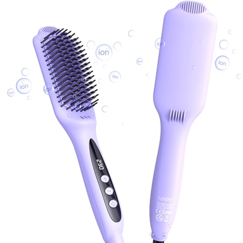 LANDOT Straightening Brush for Smooth Shine Hair - Ionic Ceramic Straightener Brush to Reduce Frizz & Nourish Hair, Keratin & Argan Oil Coated Bristles, Dual Voltage, 12 Temp 250-450F, Purpl