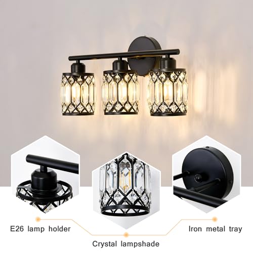 Image of CVKASH 3 Light Bathroom Vanity Light Fixture Over Mirror Black Vintage Vanity Lights with Glass Shade Farmhouse Wall Sceonce for Bedroom Dressing Room Living Room Hallway Cabinet