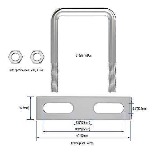 Image of 4 Sets 304 Stainless Steel Square U-Bolts 2.36 inch(60mm) Inner Width, 4 inch(100mm) Length Stainless M10 with Nuts, Frame Plate, Accessories for Automobiles Trailer, Boat Trailer Industrial Parts