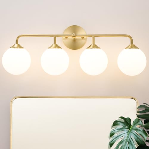 Image of Modern Brushed Brass Bathroom Light Fixtures, Elegant Gold 4-Lights Vanity Light Fixtures, Milky White Globe Glass Shade Vanity Light over Mirror, Wall Sconces for Bathroom Dressing Table Bedroom