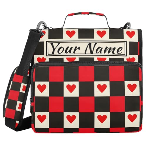 Image of Custom 3 Ring Zipper Binder Red Black Checkered Hearts Personalized Name 1.5 Inch Binders Large Capacity Multi Pockets for School Office Supplies