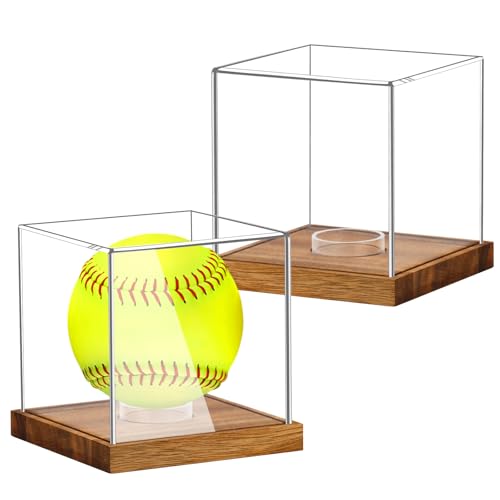 Image of 2 Pack Clear Acrylic Softball Display Case with Wood Base, Memorabilia Stand Cube Holder, Dust Protection Transparent Storage Box for Single Ball Souvenir Softball Collections