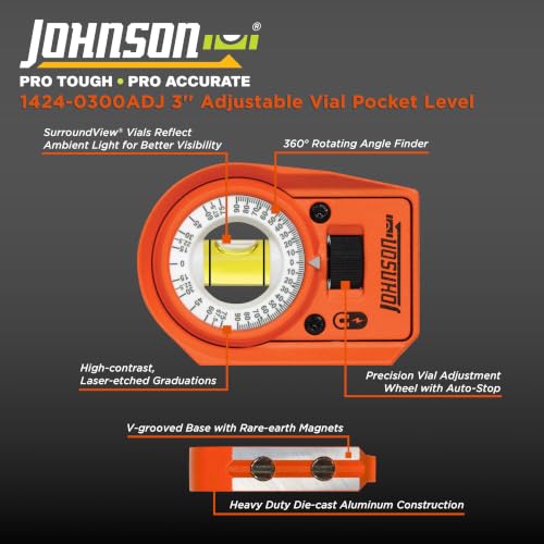 Image of Johnson Level & Tool 1424-0300ADJ 3 inch Magnetic Diecast Pocket Level with 360 Adjustable Vial Angle Finder, Orange, 1 Level