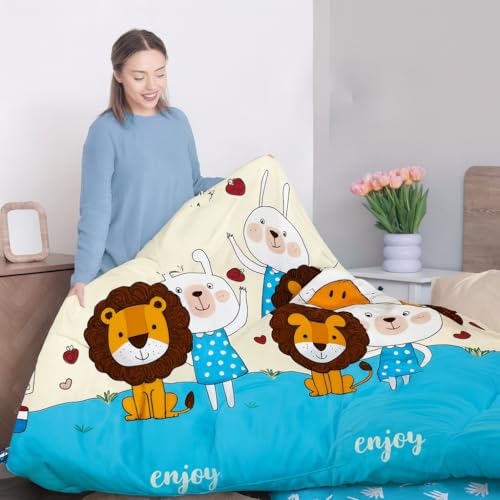 Image of 200 GSM 400 TC Kids Glace Cotton Reversible Cartoon Printed Double Bed King Size Comforter with Matching Bedsheet 90 * 100 with 2 Pillow Covers Set of 4 Pieces (Lion)