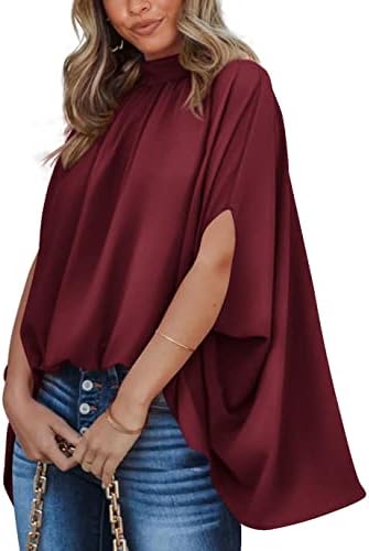BTFBM Women's Mock Neck Batwing Short Sleeve Summer Tops Casual Oversize Loose Fit High Low Hem Dressy Blouses Shirts Top(Solid Wine Red, Medium)