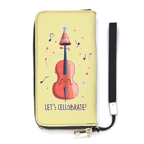 Let's Cellobrate Cello Music Women's Leather Clutch Wallet with Zip Card Holder Hand Strap Large Capacity