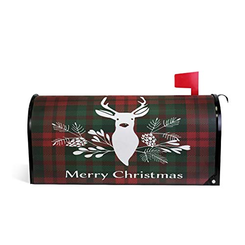 WOOR Merry Christmas Deer Tartan Red and Green Plaid Buffalo Check Magnetic Mailbox Cover MailWraps Garden Yard Home Decor for Outside Standard Size-18