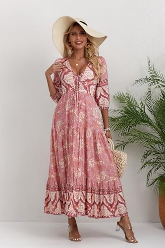 Image of Women Short Sleeve V Neck Floral Print Casual Bohemian Maxi Dresses