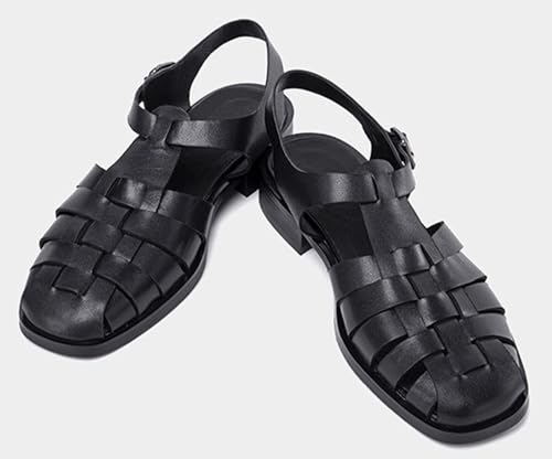 Mens Sandals Black Dress Slippers Handwoven Cowhide Leather Casual Shoes for Men Summer Beach Closed Toe Sandals Stylish Comfortable Non-Slip Shoes2