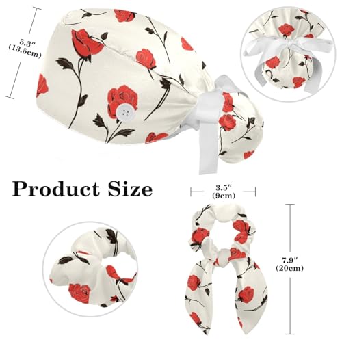 Image of Red Blooming Rose Flowers Black Working Cap with Scrunchy and Ribbon Tie for Women, Long Hair