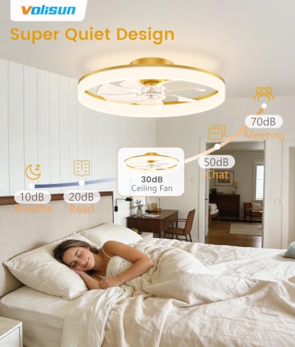 Image of VOLISUN Low Profile Ceiling Fans with Lights and Remote, 24in Fandelier Ceiling Fan Flush Mount, 3000K-6500K Smart Bladeless LED Fan Light, Gold Modern Ceiling Fans with Lights for Bedroom