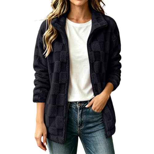 Fleece Jacket Women Checkered Textured Teddy Coat Fall Winter Warm Outfits - image 1