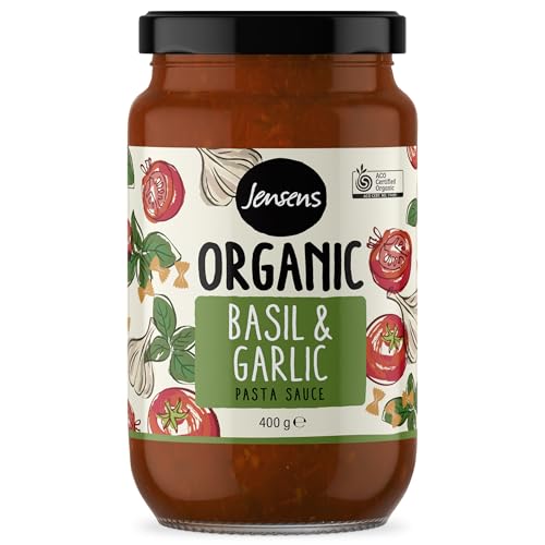 Jensens Organic Basil & Garlic Pasta Sauce – 400g | Mediterranean-Style Tomato Sauce | Certified Organic (ACO), Preservative-Free