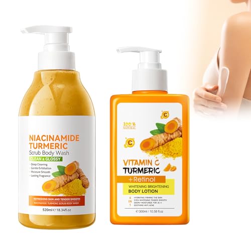 Hppsctink 300ml Lozione per il corpo alla curcuma e 520ml Scrub alla curcuma per il corpo, idratazione delicata, idratazione e luminosità, cream