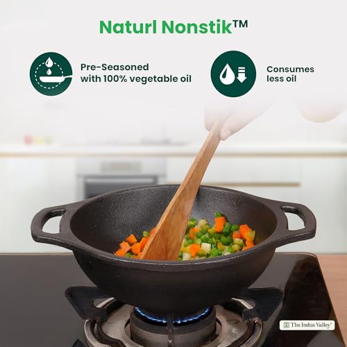 Image of The Indus Valley Premium Cast Iron Kadai with Flat Handles | Naturally Nonstick Kadhai, 100% Pure & Toxin-Free, Pre-Seasoned, No Chemical Coating (20.9cm - 8.2inch - 1.5ltr)