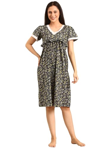 Image of Rupa Jon Aishwarya Women Short Printed Nighty in Premium Cotton Blend Fabric, Midi Length, Night Dress, Three-Fourth Length for Comfortable Everyday Wear