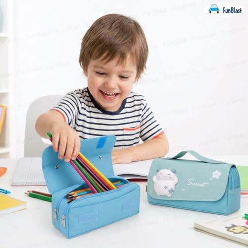 Image of FunBlast Multi-Purpose Pouch - Double Compartment Large Capacity Pouch - Happy Planet Zipper Pencil Case for Kids, Pencil Box for Kids, Stationary Pouch for Students School Supplies (Sky Blue-A)