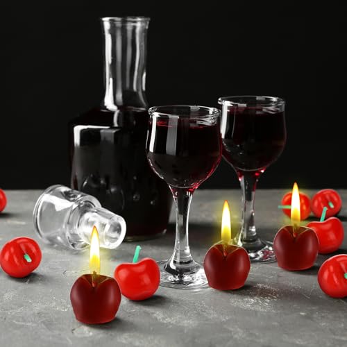 Image of Conelist 15 Pcs Cherry Shaped Birthday Cake Toppers Decor, Red, Burgundy | Cute Fruit Shaped Candles Mini Cherry Cake Decorations Party Favors Soy Wax Cupcake Toppers for Wedding Dessert Table Gifts