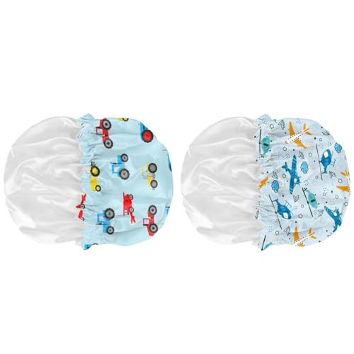 Babrukda 2Pcs Kids Satin Sleeping Cap for Curly Natural Hair Children Bonnet Night Hat with Elastic Band Beanie Photo Props Decoration for Girls Boys, Cars and Airplane Print4
