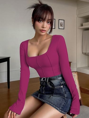 Image of Sugathari Women's Black Solid Long Sleeve Wrap-Style Square Split Crew Neck Bodycon Women T-Shirt Spring and Summer Top, Minimalist and Fashionable for Everyday Casual Wear Tops (T-Shirt 181)