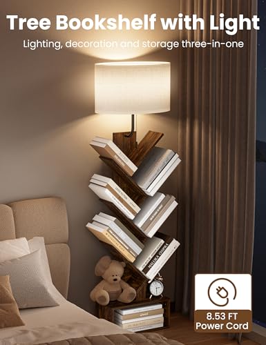 6 Tier Tree Bookshelf with Light, Corner Tall Narrow Bookshelf, Small Bookcase with Storage Cabinet,Floor Standing Bookshelves Organizer for Bedroom/Living Room/Home Office, Rustic Brown - Image 7