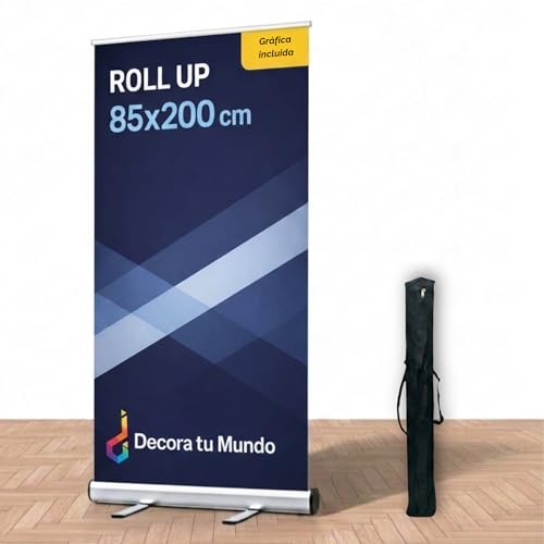 DECORA TU MUNDO Estructura Roll Up con Impresion incluida 85x200 cm de Aluminio - para Colocar Pancarta Cartel o como Photocall - Expositor Publicitario con Lona Personalizada + Bolsa de Transporte