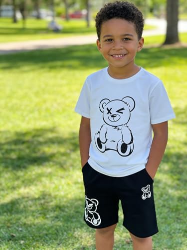 Image of KIDLAGA Kids Toddler Boy Clothes Outfits Bear Print Tee + Plaid Shorts 2 Pieces Summer Shorts Set
