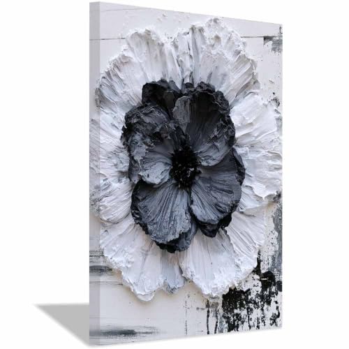 Peinture sur toile texturée 3D fleurs noir et blanc cadre 70x100cm