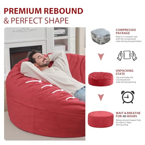 6FT Bean Bag Chair, Large Bean Bag Chairs with Memory Foam Filled, Fluffy Beanbag Sofa with Dutch Velvet Cover, Round BeanBag Chairs for Living Room, Playroom - Red