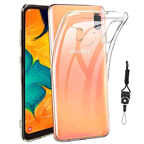 Galaxy A30 SCV43 用のケース カバー クリア 全透明 対応 TPU 耐衝撃 指紋防止 薄型 軽量 黄変防止 ストラップホール付属 ネックストラップ付 Qi充電対応 Galaxy A30