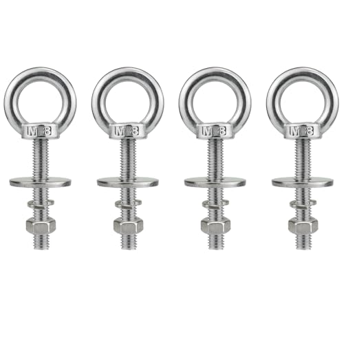 Image of M8 Stainless Steel Eye Bolts with Nuts 4 Pack, M8 x 50mm (5 /16 inch x 2 inch) Long Shoulder Lifting Eye Bolt for Swing Board, Heavy Duty Threaded Ring Screw Eyebolts kits for Tie Down Strap Outdoor