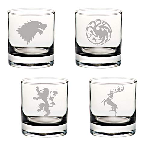 Brindle Southern Farms GoT Glasses: Stark, Targaryen, Baratheon, Lannister Sigil Silhouette Set of 4 Etched Rocks/Whiskey Drinking Glasses