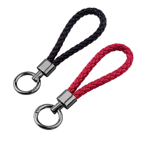 2 peças Porta-chaves de couro trançado, pingente de porta-chaves de liga para carro e moto, elegante para homem e mulher, Preto