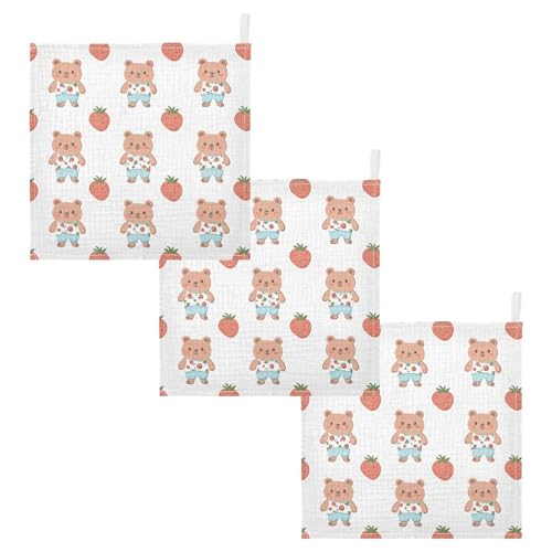 vvfelixl Kawaii Bear Strawberry Baby Burp Cloths Baby Muslin Washcloths for Boys Girls Cotton Babys Face Towel for Newborn Infants Soft and Absorbent 11.8 X 11.8 in, 5 Pack2