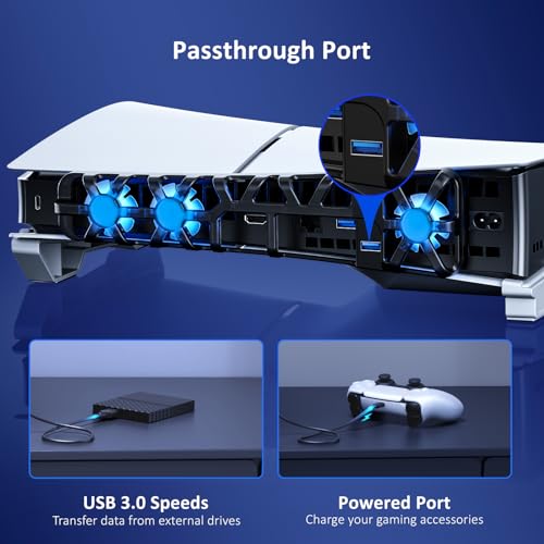 Image of NexiGo PS5 Slim Horizontal Stand with Silent Enhanced Cooling Fan, Adjustable Speed, [Low Noise], [Auto Power On /Off], USB 3.0 Port, Built-in LED Light, for Both Disc and Digital Editions