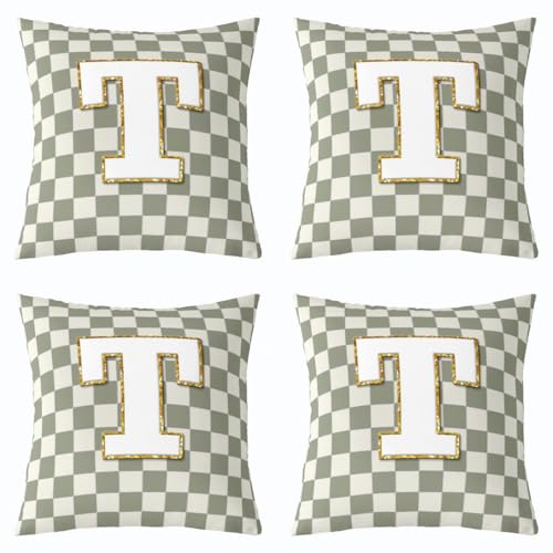 Image of Erosebridal Sage Green Checkered Throw Pillow Covers 18x18 Set of 2 Plaid Initial T Pillow Covers Personalized Monogram Cushion Cover Fashion Grids Gingham Pillow Cases for Couch Sofa
