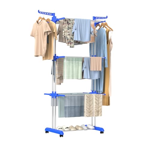 Innotic Clothes Drying Rack Foldable Standing Stainless Large Space Washing 4-Tier Airer Horse Laundry Hanger Dryer for Home Garden Storage Indoor Outdoor (Blue-grey)