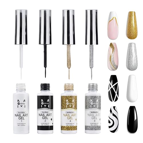 Gel Liner - Juego de esmaltes de uñas de gel para decoración de uñas, 4 colores, negro, blanco, dorado, plateado, con pincel fino para manicura francesa, manicura DIY (8 ml)