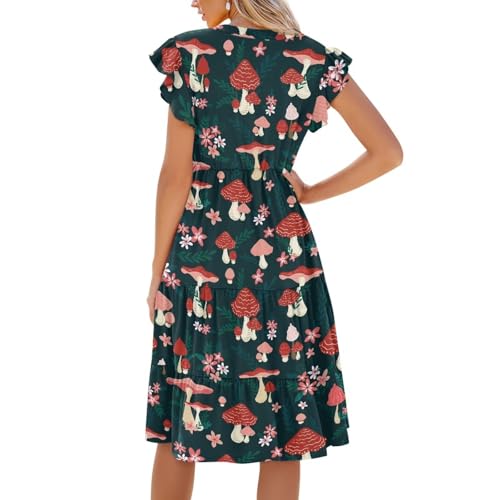 Image of Women's Casual Ruffle Sleeve Dress V Neck Pullover Dress Flowy A-Line Pleated Lightweight Dress with Pockets