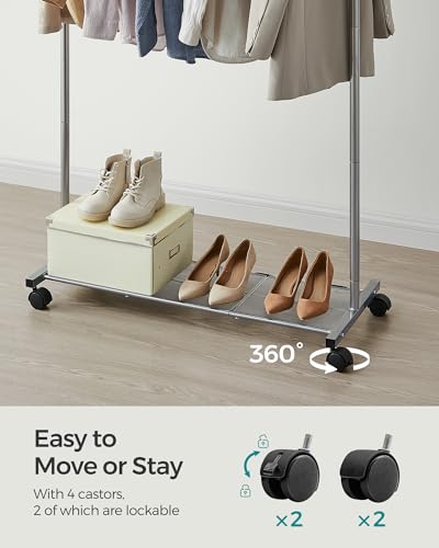SONGMICS Clothes Rack with Wheels, Clothing Rack for Hanging Clothes, 25.4 mm Metal Garment Rack with Dense Mesh Storage Shelf, 110 lb Load Capacity, 2 Brakes, Gray UHSR025G01 thumbnail 6