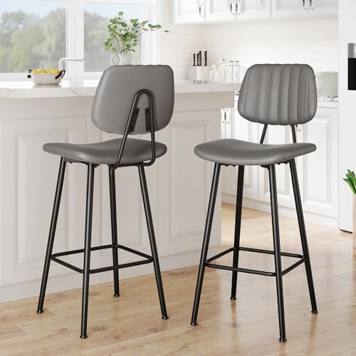Image of Raynesys 29-Inch Leather Bar Stools Set of 2 with High Backrest, Grey