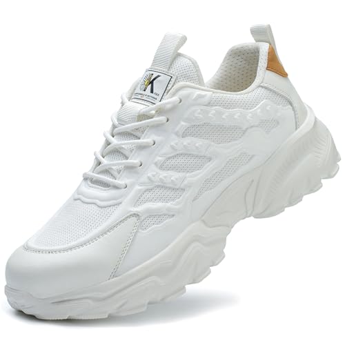 PENXZT Zapatos de Seguridad para Hombre Transpirable Zapatillas de Ligero con Punteras de Acero Antideslizante Calzado de Seguridad protección,Blanca,42 EU