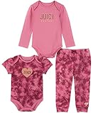 Juicy Couture Baby Girls 3 Pieces Bodysuits Pant And Toddler Layette Set, Cashmere Rose/Berry Red, 0/3M US