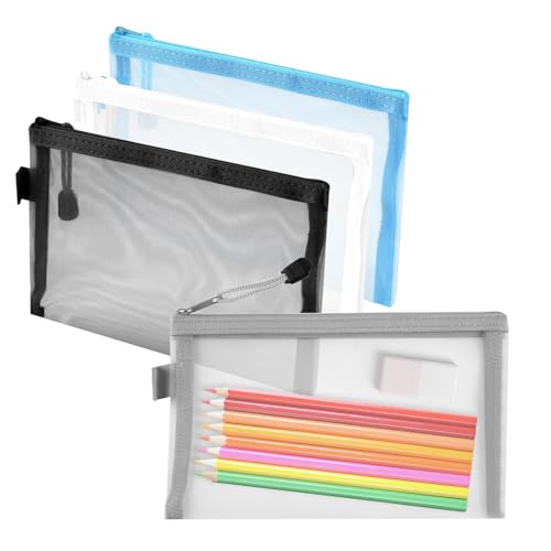 Tikplus 4 Stück Tasche Federmäppchen, Klein Federtasche Mesh, Transparent Mäppchen Beutel Nylon-Netzstoff, Pencil Aufbewahrungsbeutel, Stifttasche Durchscheinend für Bürobedarf Schreibwaren, 20x12cm
