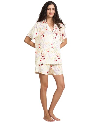 Image of YiNi LuLu Womens Silk Satin Shorts Pajamas Set Button Down 2 Piece Pjs Short Sleeve Oversized Sleepwear with Pockets