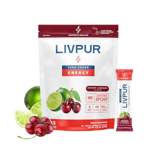 LIVPUR Energy Electrolyte Drink Mix Powder 15 Sticks Hydration Packets with Natural Caffeine Amino Acids & Electrolytes Sugar Free Focus & Energy Support (Cherry Limeade Flavor)