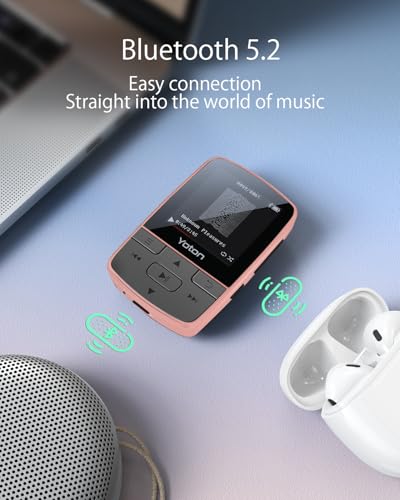 Image of Yoton MP3 Player with Bluetooth 5.2, Expandable to 64GB, HiFi-Music, Mini Size, with Sports Clip, Earphones Included, Pink(No Built-in Storage No TF Card Included - Insert Card to Use)