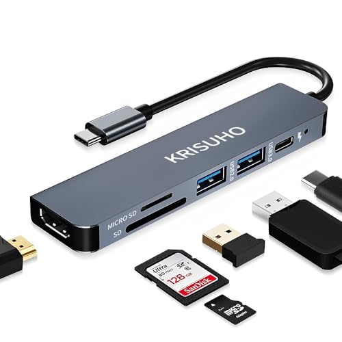 KRISUHO macbook USB C Hub 6 in 1 USB C to HDMI Multiport Adapter with 4K HDMI1 USB 3.0/1 USB 2.0 60W PD Charging and MICRO SD/SD Card Reader for MacBook XPS Samsung Phones Laptop and more