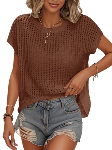 Image of Womens Summer Crochet Tops Hollow Out Cap Sleeve Cover Up Tank Top Pullover Sweater Vest Beach Vacation Clothes